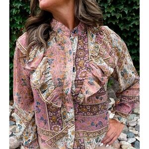 Bohemian Floral Patchwork Ruffle Blouse • Peasant Top • Pink Multi • Size L NEW
